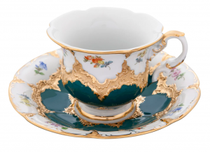 イセン（Meissen） 宮廷の小花 緑金箔 コーヒーカップ＆ソーサー B-Form 200ml 取手半金 014079／15582